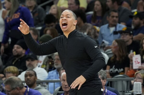 FILE -Los Angeles Clippers coach Tyron Lue shouts instructions to players during the first half of the team's NBA basketball game against the Phoenix Suns on Tuesday, April 9, 2024, in Phoenix. The Los Angeles Clippers have signed coach Tyronn Lue to a long-term contract after winning a division title in his fourth season, Wednesday, May 29, 2024. (AP Photo/Ross D. Franklin, File)