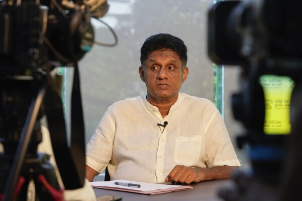 Opposition leader and the presidential candidate of United People's Power Sajith Premadasa speaks during an interview with The Associated Press in Colombo, Sri Lanka, Thursday, Sept. 12, 2024. (AP Photo/Eranga Jayawardena)