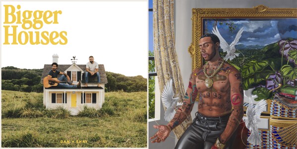 This combination of images shows cover art for "Bigger Houses" by Dan & Shay, left, and "Victor" by Vic Mensa. (Warner Music Nashville/Roc Nation via AP)