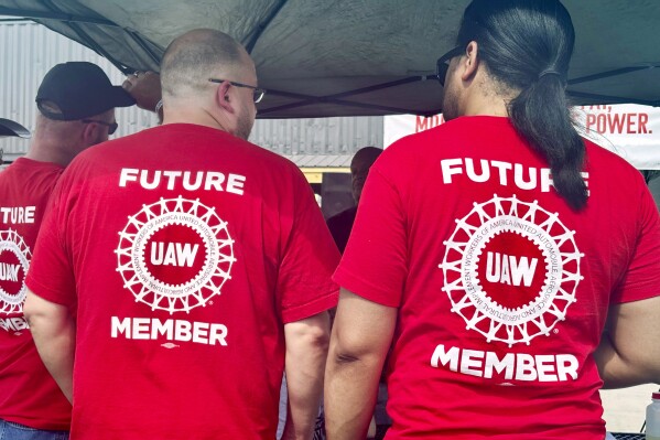 FILE - United Auto Workers union supporters attend a rally, Saturday, May 4, 2024, in Birmingham, Ala. The United Auto Workers union faces the latest test of its ambitious plan to unionize auto plants in the historically nonunion South when a vote ends Friday, May 17, at two Mercedes-Benz factories near Tuscaloosa, Ala. (AP Photo/Kim Chandler, File)