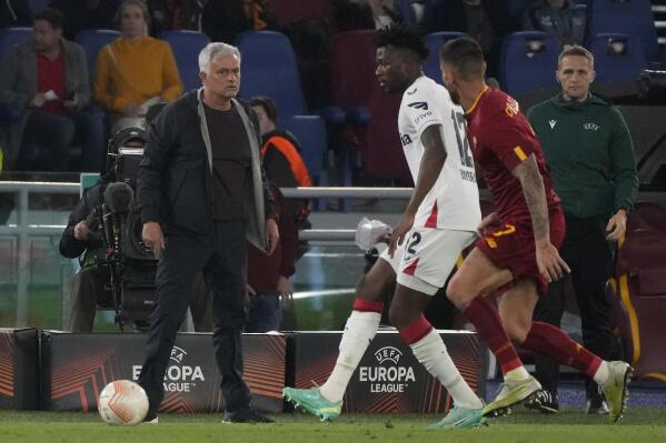 Roma's head coach Jose Mourinho is seen during the Europa League semifinal first leg soccer match between Roma and Bayer 04 Leverkusen at Rome's Olympic stadium, Thursday, May 11, 2023. (AP Photo/Gregorio Borgia)