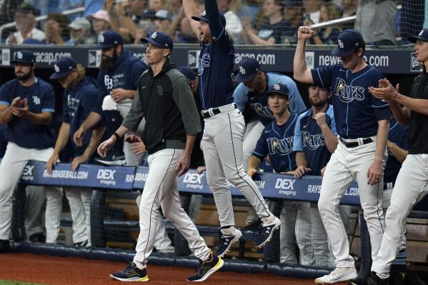 Tampa Bay Rays players react after defeating the Toronto Blue Jays during a baseball game Wednesday, Sept. 22, 2021, in St. Petersburg, Fla. With the win, the Rays clinched a playoff berth. (AP Photo/Chris O'Meara)