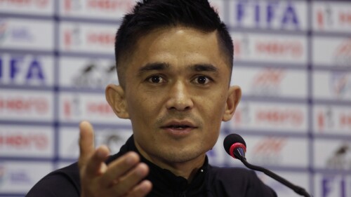 FILE - India's soccer team captain Sunil Chhetri speaks during a pre-match press conference in Kolkata, India, on Oct. 14, 2019. India and Pakistan national football teams met Wednesday, June 21, 2023 for the first time since 2014, with Sunil Chhetri scoring a hat-trick as No. 101-ranked India beat No. 195-ranked Pakistan 4-0 at Bangalore in the opening game of the South Asian championship. (AP Photo/Bikas Das, File)