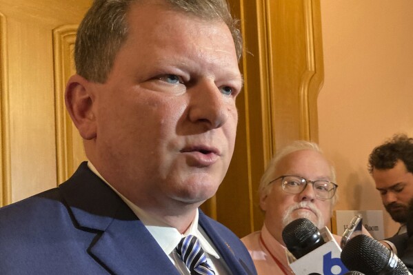 FILE - Republican Ohio House Speaker Jason Stephens speaks to reporters, May 9, 2023, at the Ohio Statehouse in Columbus, Ohio. Foes of Stephens picked off four of his allies, including one of his leadership team, in the primaries on Tuesday, March 19, 2024, though were still one shy of the number needed to obliterate his majority in the next legislative session. But a bitter battle for control of the chamber still looms. (AP Photo/Julie Carr Smyth, File)