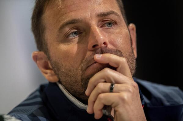FILE - U.S. Davis Cup captain Mardy Fish attends a press conference in Madrid, Spain, Sunday, Nov. 17, 2019. Mardy Fish is out as captain of the U.S. Davis Cup team after the U.S. Tennis Association said Friday, Jan. 6, 2023, the two sides “mutually agreed to move in a new direction.” (AP Photo/Bernat Armangue, File)
