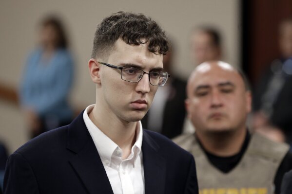 El Paso Walmart mass shooter Patrick Crusius is arraigned Thursday, Oct., 10, 2019 in the 409th state District Court with Judge Sam Medrano presiding. Crusius, 21-year-old, from Allen, Texas, stands accused of killing 22 and injuring 25 in the Aug. 3, 2019, mass shooting at an East El Paso Walmart in the seventh deadliest mass shooting in modern U.S. history and third deadliest in Texas. (Mark Lambie/The El Paso Times via AP,Pool)