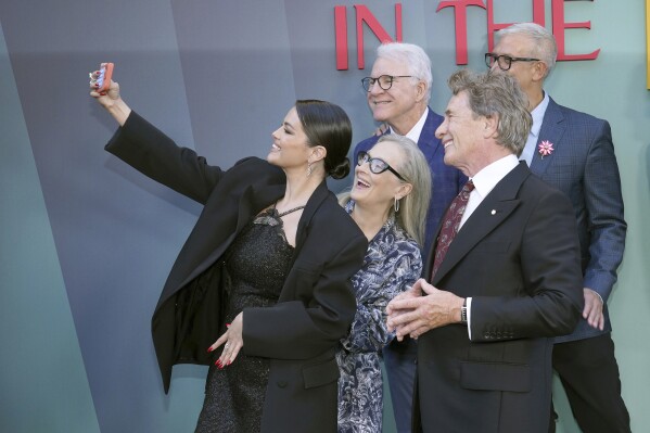 Selena Gomez, from left, Meryl Streep, Steve Martin, Martin Short, and John Hoffman arrive at the premiere of 