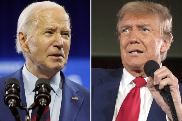 In this combination photo, President Joe Biden speaks May 2, 2024, in Wilmington, N.C., left, and Republican presidential candidate former President Donald Trump speaks at a campaign rally, May 1, 2024, in Waukesha, Wis. (Ǻ Photo)