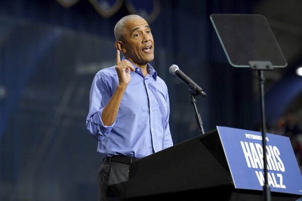 Former President Barack Obama speaks during a campaign rally supporting Democratic presidential nominee Vice President Kamala Harris, Thursday, Oct. 10, 2024, at the University of Pittsburgh's Fitzgerald Field House in Pittsburgh. (AP Photo/Matt Freed)
