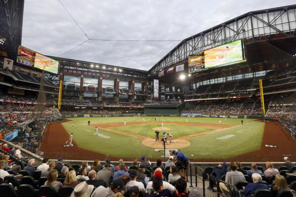 FILE - The roof at Globe Life Field is open during a baseball game between the Houston Astros and the Texas Rangers, on April 25, 2022, in Arlington, Texas. The Rangers will host Major League Baseball's 2024 All-Star Game, Commissioner Rob Manfred announced Thursday, Nov. 17, 2022. (AP Photo/Michael Ainsworth, File)