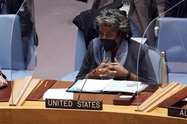 Linda Thomas-Greenfield, U.S. Ambassador to the United Nations, addresses the United Nations Security Council, before a vote, Monday, Jan. 31, 2022. (AP Photo/Richard Drew)