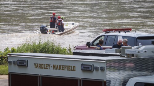 Yardley Makefield Marine Rescue leaving the Yardley Boat Ramp along N. River Road heading down the Delaware River on Monday morning July 17, 2023, in Yardley, Pa. Search and rescue units are looking for two lost children caught in flood waters Saturday. (Alejandro A. Alvarez/The Philadelphia Inquirer via AP)