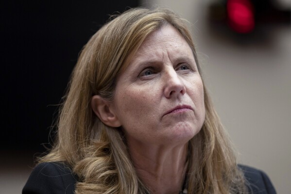 FILE - University of Pennsylvania President Liz Magill listens during a hearing of the House Committee on Education on Capitol Hill in Washington, Tuesday, Dec. 5, 2023.  Magill resigned amid pressure from donors and criticism over testimony at a congressional hearing, where she was unable to say when repeatedly asked whether campus calls for the genocide of Jews would violate the school's conduct policy.  (AP Photo/Mark Schiefelbein, File)