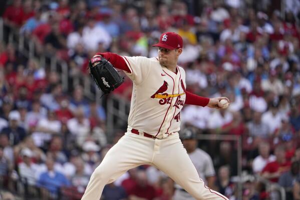 St. Louis Cardinals starting pitcher Jordan Montgomery throws during the first inning of a baseball game against the New York Yankees Saturday, Aug. 6, 2022, in St. Louis. (AP Photo/Jeff Roberson)