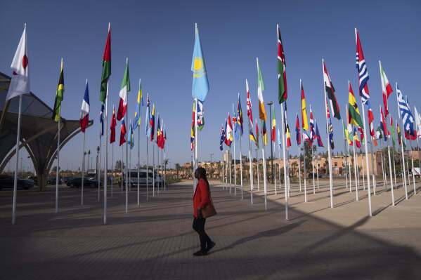 A participant walks past flags outside a convention center hosting the IMF and World Bank annual meetings, in Marrakech, Morocco, Sunday, Oct. 8, 2023. The International Monetary Fund and World Bank kick off their annual meeting in Marrakech on Monday, one month after a deadly earthquake struck Morocco and killed nearly 3,000 people. (AP Photo/Mosa'ab Elshamy)