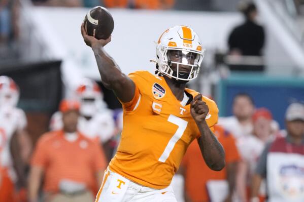 FILE - Tennessee quarterback Joe Milton III throws a pass during the first half of the team's Orange Bowl NCAA college football game against Clemson, Dec. 30, 2022, in Miami Gardens, Fla. Sixth-year Tennessee quarterback Milton will get the chance to showcase how much he’s grown in the upcoming season. (AP Photo/Lynne Sladky, File)