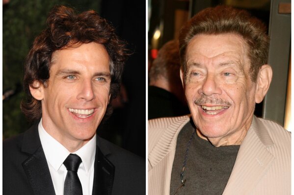 Ben Stiller appears at the Vanity Fair Oscar party in West Hollywood, Calif. on Feb. 22, 2009, and his father Jerry Stiller appears at the opening of Manhattan Theatre Club's "Mauritius," in New York on Oct. 4, 2007. (AP Photo/Evan Agostini, left, and Diane Bondareff)