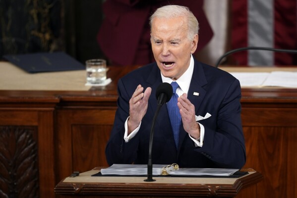 FILE - President Joe Biden delivers the State of the Union address to a joint session of Congress at the U.S. Capitol, Tuesday, Feb. 7, 2023, in Washington. (AP Photo/Patrick Semansky, File)