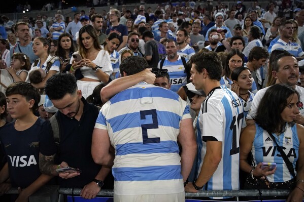 Argentina's Julian Montoya is greeted by spectators at the end of the Rugby World Cup Pool D match between England and Argentina in the Stade de Marseille, Marseille, France Saturday, Sept. 9, 2023. England won the match 27-10. (AP Photo/Daniel Cole)