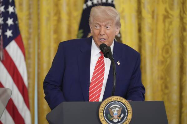 President Donald Trump speaks at an event for Military Mothers, Thursday, May 8, 2025, in the East Room of the White House in Washington. (AP Photo/Jacquelyn Martin)