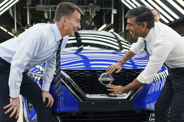 Britain's Prime Minister Rishi Sunak, right and Chancellor of the Exchequer Jeremy Hunt attach a Nissan badge to a car as they visit the car manufacturer Nissan, in Sunderland, England, Friday, Nov. 24, 2023. Nissan will invest more than $1.3 billion to update its factory in northeast England to make electric versions of its two best-selling cars. It's a boost for the British government as it tries to revive the country’s ailing economy. The Japanese automaker manufactures the gasoline-powered Qashqai and smaller Juke crossover vehicles at the factory in Sunderland, which employs 6,000 workers. (Ian Forsyth/Pool Photo via AP)