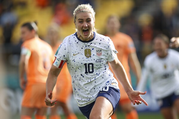 United States' Lindsey Horan celebrates her team's first US goal during the Women's World Cup Group E soccer match between the United States and the Netherlands in Wellington, New Zealand, Thursday, July 27, 2023. (AP Photo/Alysa Rubin)