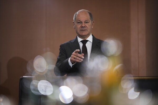 German Chancellor Olaf Scholz arrives at the cabinet meeting of the German government at the chancellery in Berlin, Germany, Wednesday, Oct. 25, 2023. (AP Photo/Markus Schreiber)