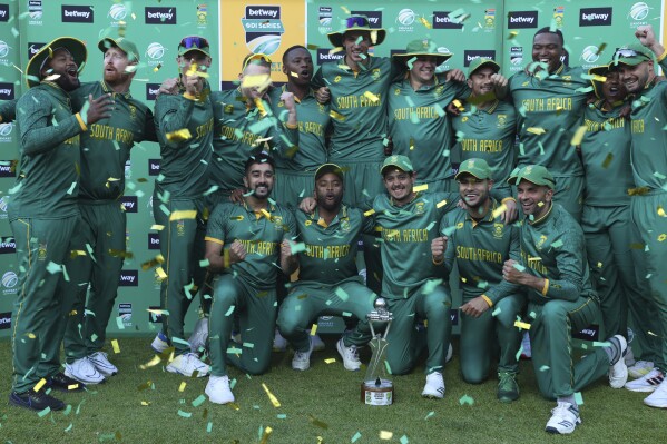 South Africa cricket team celebrates their 3-2 series wine against Australia at the Wanderers Stadium in Johannesburg, South Africa, Sunday, Sept. 17, 2023. (AP Photo)