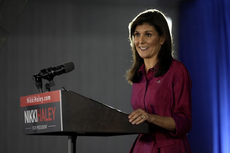 Republican presidential candidate former UN Ambassador Nikki Haley speaks at a caucus night party at the Marriott Hotel in West Des Moines, Iowa, Monday, Jan. 15, 2024. (AP Photo/Carolyn Kaster)