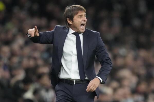 Tottenham's new head coach Antonio Conte, stands on the touchline for the Europa Conference League group G soccer match between Tottenham Hotspur and SBV Vitesse at Tottenham Hotspur Stadium in London, Thursday, Nov. 4, 2021 . (AP Photo/Frank Augstein)