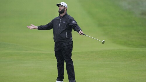 Spain's Jon Rahm reacts on the 18th green after putting during the final day of the British Open Golf Championships at the Royal Liverpool Golf Club in Hoylake, England, Sunday, July 23, 2023. (AP Photo/Kin Cheung)