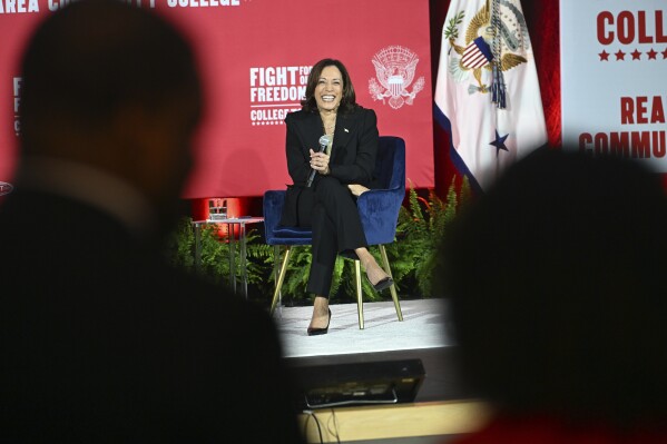 Vice President Kamala Harris listens to a question about climate change from Reading Area Community College student Nangeline Zapata in the Miller Center on Tuesday, Sept. 19, 2023, in Reading, Pa. (Bill Uhrich/Reading Eagle via AP)