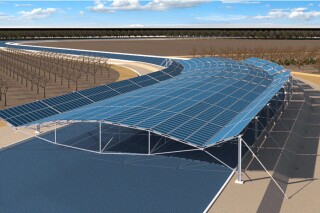 This artist’s rendering provided by Solar AquaGrid, shows a wide-span solar canal canopy being piloted in California’s Central Valley. Solar AquaGrid and partners are preparing to break ground in the fall of 2023 on the first solar-covered-canal project in the United States. Solar panels are installed over canals in sunny, water-scarce regions where they make electricity and reduce evaporation. (Solar AquaGrid via AP)