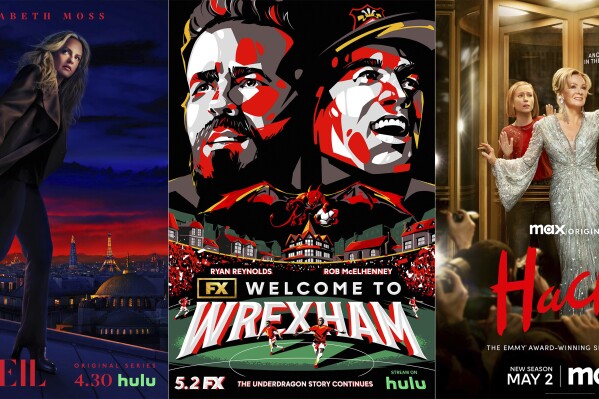 This combination of images fshows promotional art for the Hulu series "The Veil," left, the Hulu series "Welcome to Wrexham," center, and the comedy series "Hacks." (Hulu/Hulu/Max via AP)