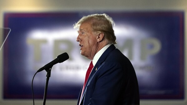 Former President Donald Trump speaks at a campaign rally at Terrace View Event Center in Sioux Center, Iowa, Friday, Jan. 5, 2024. (AP Photo/Andrew Harnik)