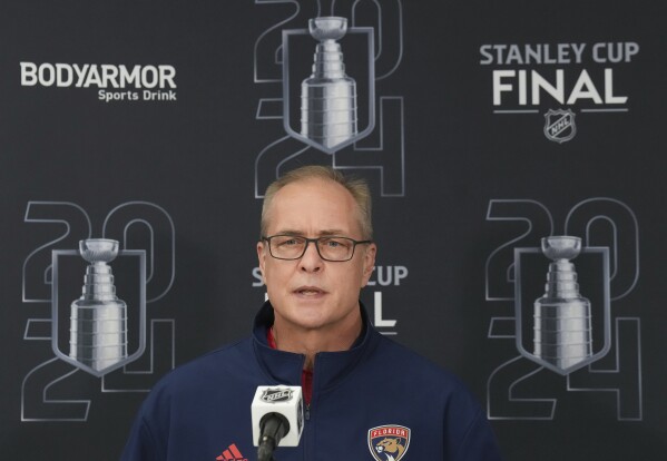 Florida Panthers coach Paul Maurice speaks to the media the day after Game 1 of the NHL Stanley Cup final against the Edmonton Oilers in Fort Lauderdale, Fla., Sunday, June 9, 2024. (Nathan Denette/The Canadian Press via AP)