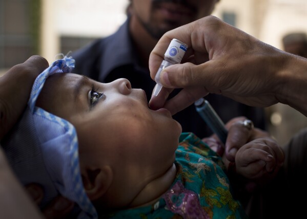 FILE - A child is administered a polio vaccination by a district health team worker outside a children's hospital in Peshawar, Pakistan, May 30, 2012. (AP Photo/Anja Niedringhaus, File)