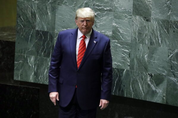 President Donald Trump walks away after delivering remarks to the 74th session of the United Nations General Assembly, Tuesday, Sept. 24, 2019, in New York. (AP Photo/Evan Vucci)