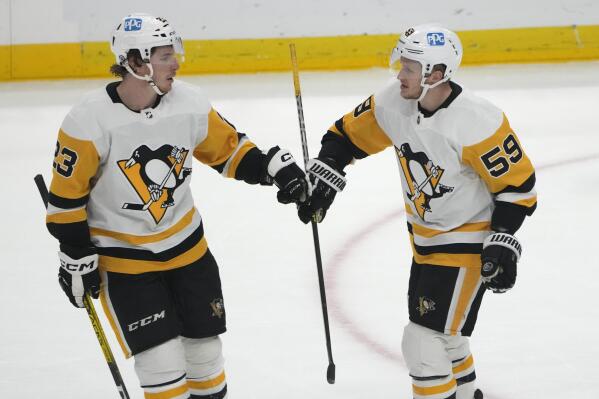 Pittsburgh Penguins left wing Jake Guentzel (59) is congratulated by left wing Brock McGinn (23) after scoring an empty net goal during the third period of an NHL hockey game against the Florida Panthers, Thursday, Dec. 15, 2022, in Sunrise, Fla. The Penguins won 4-2. (AP Photo/Lynne Sladky)