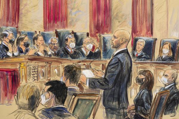 FILE - This artist sketch depicts lawyer Scott Keller standing to argue on behalf of more than two dozen business groups seeking an immediate order from the Supreme Court to halt a Biden administration order to impose a vaccine-or-testing requirement on the nation's large employers during the COVID-19 pandemic, at the Supreme Court in Washington, Jan. 7, 2022. The Supreme Court has stopped the Biden administration from enforcing a requirement that employees at large businesses be vaccinated against COVID-19 or undergo weekly testing and wear a mask on the job. The court's order Thursday during a spike in coronavirus cases deals a blow to the administration's efforts to boost the vaccination rate among Americans. (Dana Verkouteren via AP, File)