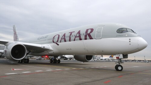 FILE - In this Jan. 15, 2015, file photo, a new Qatar Airways Airbus A350 approaches the gate at the airport in Frankfurt, Germany. Qatar Airways on Wednesday, July 5, 2023, reported $1.2 billion in profits over the past year, buoyed by its role in ferrying fans to the soccer World Cup. (AP Photo/Michael Probst, File)