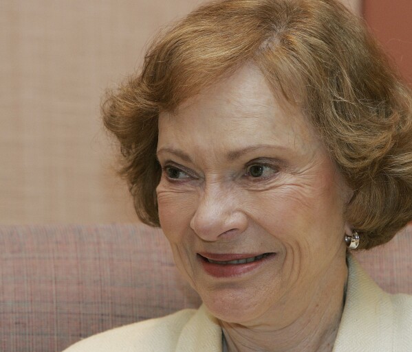 FILE - Former first lady Rosaylnn Carter smiles during an interview at the Carter Center in Atlanta, June 13, 2006. Rosalynn Carter turns 96 on Friday, Aug. 18, 2023 and is celebrating at home in Plains, Ga., with her family, including former President Jimmy Carter. Her plan includes eating cupcakes and peanut butter ice cream, then releasing butterflies in her garden -- with friends doing the same around the Carters' hometown. (AP Photo/Ric Feld, file)