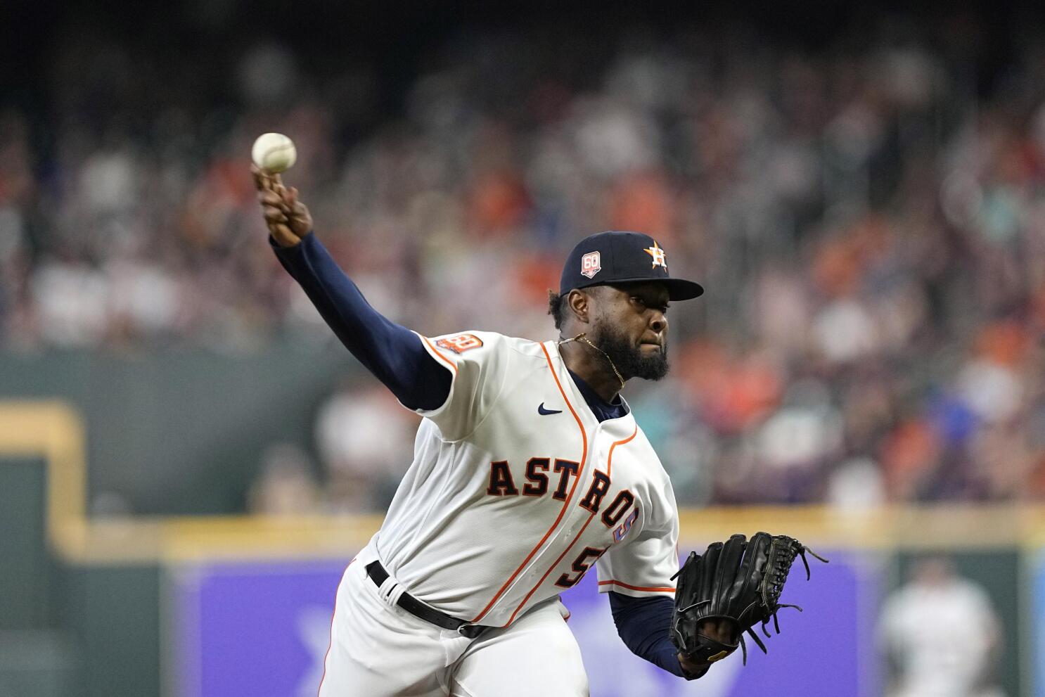 Houston, USA. 27th Oct, 2021. Houston Astros relief pitcher Cristian Javier  throws in the 6th inning in game two against the Atlanta Braves in the MLB  World Series at Minute Maid Park