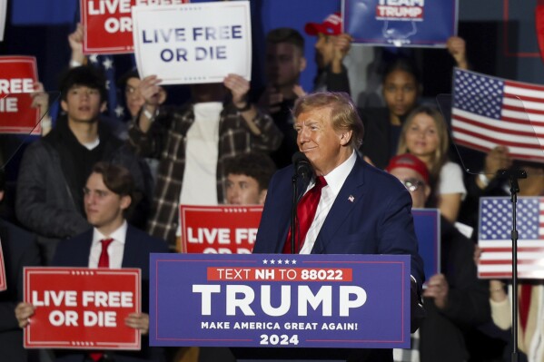 Former President Donald Trump speaks at a campaign rally, Saturday, Dec. 16, 2023, in Durham, N.H. (AP Photo/Reba Saldanha)