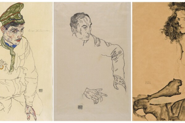 This combo of images provided by the Manhattan District Attorney's Office, shows three artworks by Austrian expressionist Egon Schiele, from left, watercolor and pencil on paper artwork, dated 1916 and titled "Russian War Prisoner" (Art Institute of Chicago); a pencil on paper drawing, dated 1917, titled "Portrait of a Man" (Carnegie Museum of Art), and a watercolor and pencil on paper artwork, dated 1911 and titled "Girl With Black Hair" (Allen Memorial Art Museum). The three artworks, believed to have been stolen from a Jewish art collector and entertainer during the Holocaust, have been seized from museums in three different states by New York law enforcement authorities on Wednesday, Sept. 13, 2023. (Manhattan District Attorney's Office via AP)
