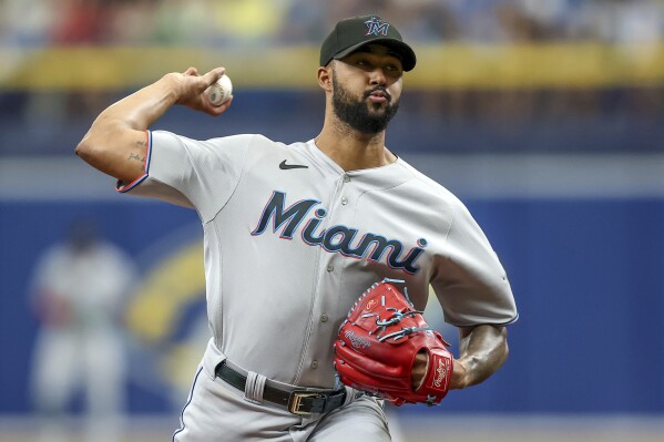Miami Marlins starting pitcher Sandy Alcantara throws against the Tampa Bay Rays during the first inning of a baseball game Wednesday, July 26, 2023, in St. Petersburg, Fla. (AP Photo/Mike Carlson)