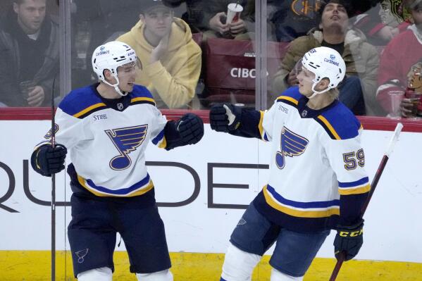 St. Louis Blues' Tyler Pitlick, left, celebrates his goal with Nikita Alexandrov during the second period of an NHL hockey game against the Chicago Blackhawks Wednesday, Nov. 16, 2022, in Chicago. (AP Photo/Charles Rex Arbogast)