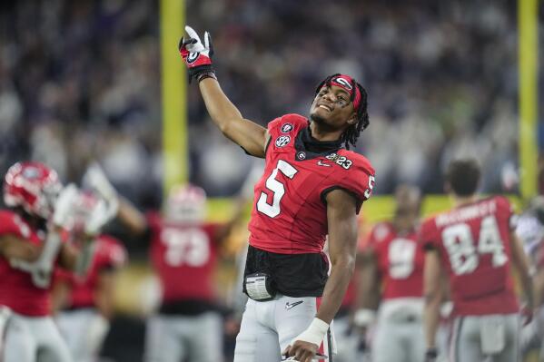 Georgia defensive back Kelee Ringo (5) reacts during the second half of the national championship NCAA College Football Playoff game against TCU, Monday, Jan. 9, 2023, in Inglewood, Calif. (AP Photo/Ashley Landis)