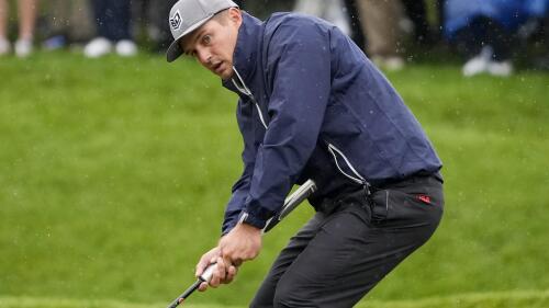 Bryson DeChambeau reacts after missing a putt on the second hole during the third round of the PGA Championship golf tournament at Oak Hill Country Club on Saturday, May 20, 2023, in Pittsford, N.Y. (AP Photo/Seth Wenig)