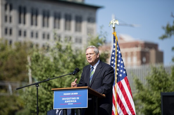 U.S. Secretary of Agriculture Tom Vilsack speaks during an event at Greene Square Park in Cedar Rapids, Iowa on Thursday, Sept. 14, 2023. Federal officials announced that the City of Cedar Rapids would receive a portion of the 1.5 billion dollars in federal funding allocated to Urban and Community Forestry by the Inflation Reduction Act. (Nick Rohlman /The Gazette via AP)